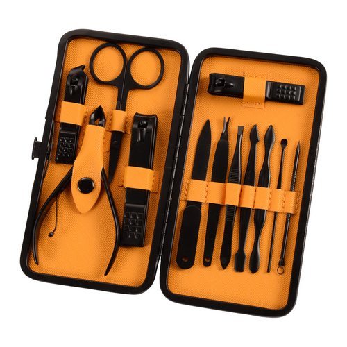 Manicure Pedicure Kit Professional Stainless Steel Grooming Nail Clipper Scissors Cut Set with Portable PU Black leather travel case by JINJIAN(Set of 12pcs)