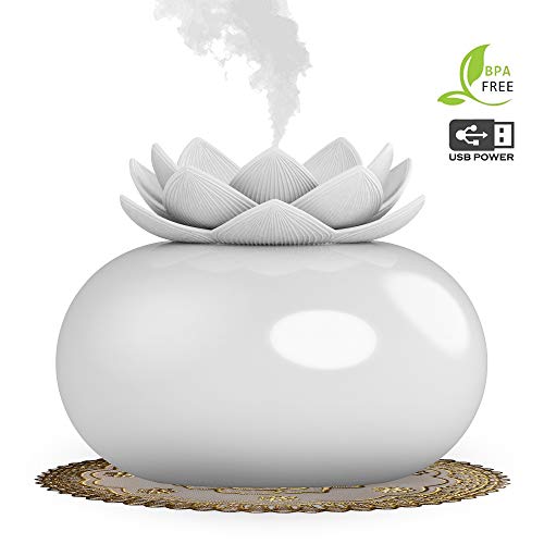 YJY Flower Essential Oil Diffuser Decorative Aromatherapy Diffuser, Cute Lotus Ceramic Humidifier Crafts Ornaments, USB Timer 12 Hours Portable for Home Bedroom Office Yoga SPA(White)