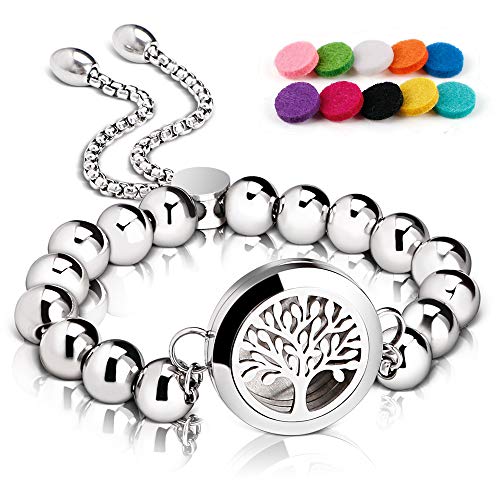 RoyAroma Aromatherapy Essential Oil Diffuser Bracelet Stainless Steel Locket & Beads Wristband with 10PCS Felt Pads