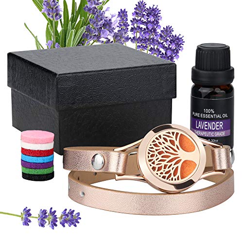 Essential Oil Diffuser Bracelet Aromatherapy Bracelet Tree of Life Anxiety Diffuser Locket set Aromatherapy Jewelry +10ml Lavender Oil+8 Cotton Pads Unique Gift Set for Women Girlfriend Mother&Kids
