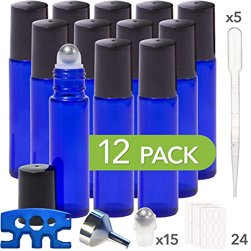 Pure Acres Farm, 12, Cobalt Blue, 10 ml Glass Roll-on Bottles with Stainless Steel Roller Balls. 3 ml Droppers included