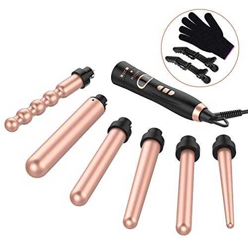 BESTOPE 6 in 1 Curling Iron and Wand Set with 6 Interchangeable Hair Wand Ceramic Barrels(0.5 to1.25) and Heat Protective Glove – Rose Golden