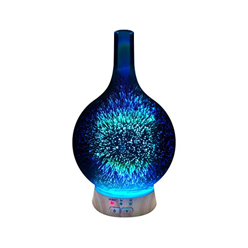 Essential Oil Diffuser Aromatherapy Diffusers for Therapeutic Oils – Ultrasonic 3D Glass Vase Cover & LED Light Display – Cool MIst Aroma Therapy Colorful Nightlight Humidifier Waterless Shut Off