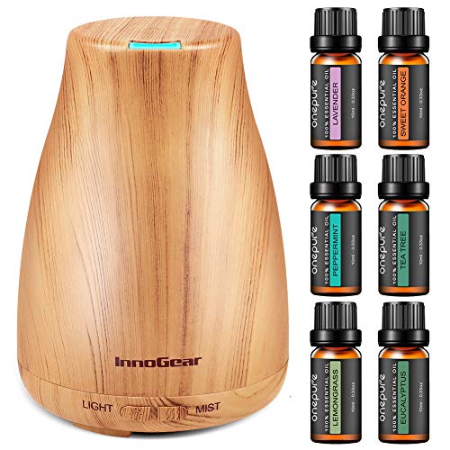 InnoGear Upgraded 150ml Aromatherapy Diffuser with 6 Bottles 100% Pure Essential Oils, Gift Set Aroma Cool Mist Humidifier with 7 Color LED Lights Changing for Home, Office, Aromatherapy