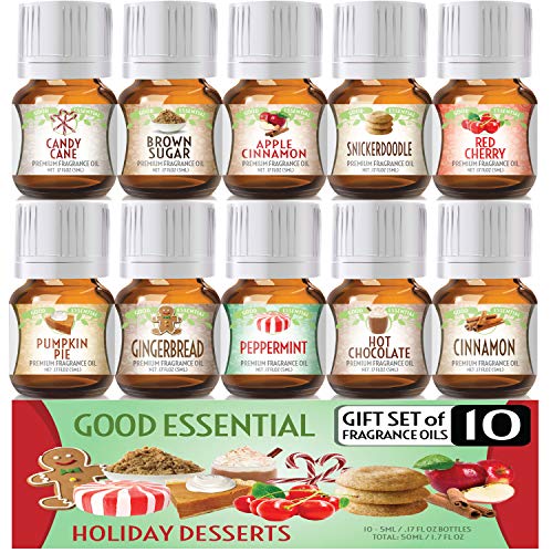 Holiday Desserts Good Essential Fragrance Oil Set (PACK OF 10) 5ml Set – Peppermint, Apple Cinnamon, Hot Chocolate, Cherry, Pumpkin Pie, Candy Cane, Gingerbread, Snickerdoodle, Cinnamon, Brown Sugar